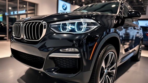 BMW SUV showcased at an exhibition with open doors.