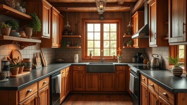 Romantic kitchen design with rustic charm and warm colors.