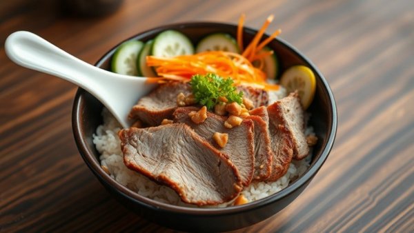 Good Fortune Co.'s roast pork rice bowl with colorful vegetable garnishes.