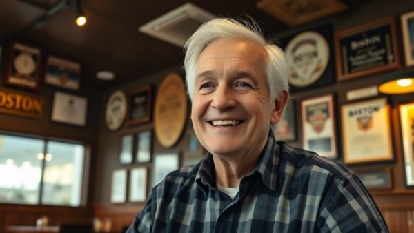 Elderly man smiling in iconic North End restaurant with awards.
