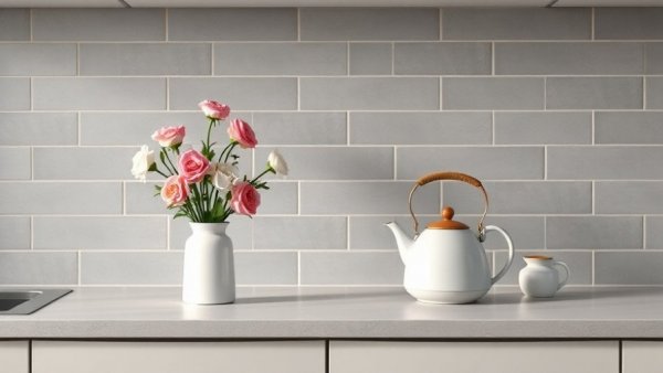 Minimalist kitchen counter with flowers and teapot for home wellness tips this winter.