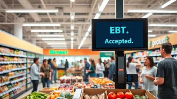 SNAP/EBT benefits sign at grocery store checkout, Shelby County.