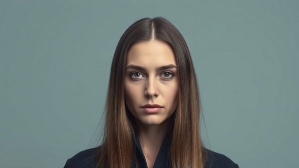 Solemn woman with long hair, neutral expression.