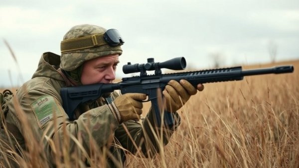 Man aiming rifle outside, mastering the wind for long shots.