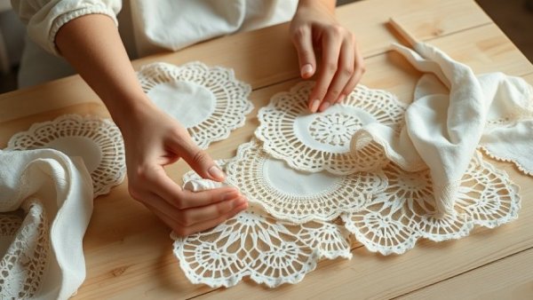 Hands creating linen doilies, embracing slow living home design trends.