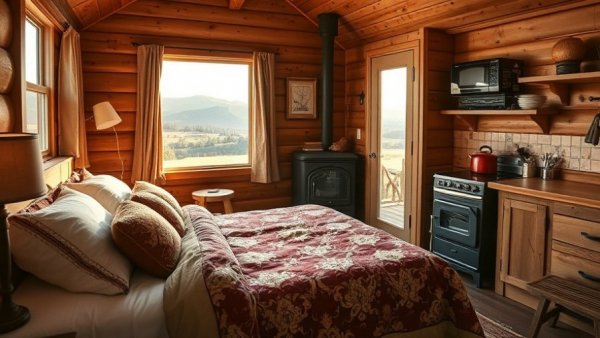 Cozy bedroom featuring heirloom bedding in a rustic tiny house.