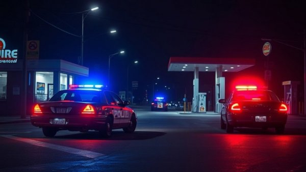Police presence at night at gas station with flashing lights, Binghampton shootings.