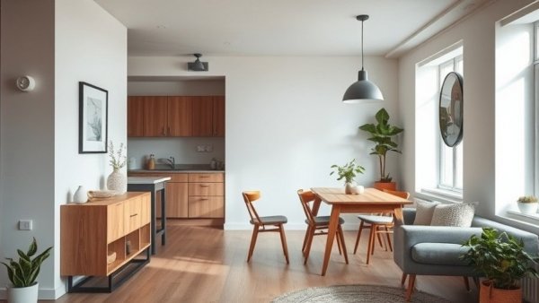 Small space apartment with minimalist wooden dining and warm tones.