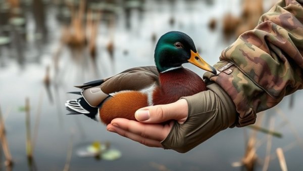 Eurasian Wigeon in hunter's hand near a wetland.