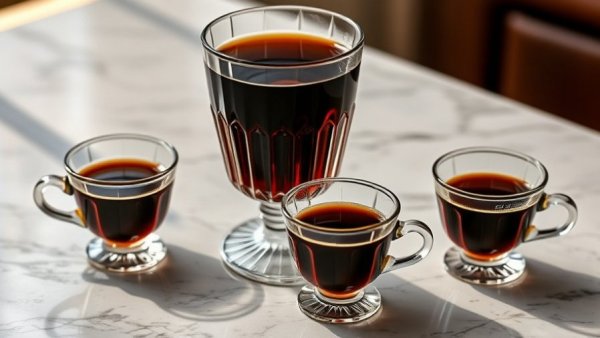 Elegant Renaissance glassware on marble with espresso cups.
