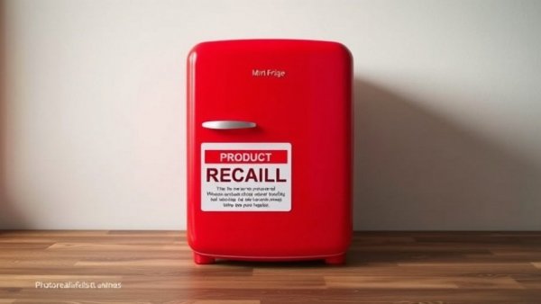 Red mini fridge with product recall warning for fire hazard.