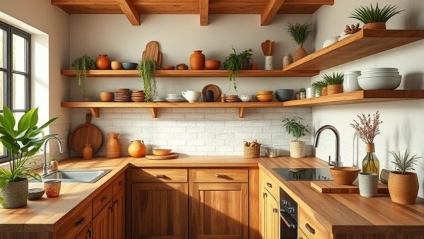 Minimalist sustainable kitchen design with wooden elements and soft lighting.