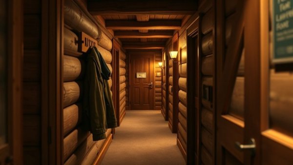 Cozy hallway in ski house retreat with warm wooden accents.
