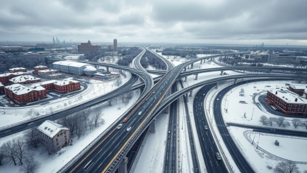Snowy highway interchange with dangerous road conditions after winter storm.