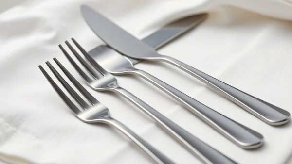 Modern Sabre’s Bistrot flatware trends with black handles on white fabric.