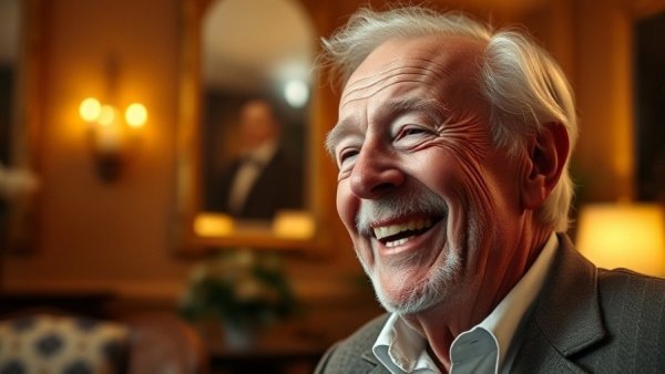 Iconic personality smiling warmly, elegant setting.