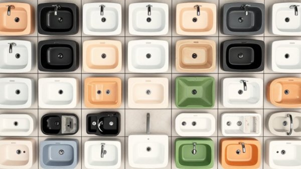 Variety of colorful bathroom sinks in different shapes and hues.