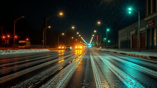 Germantown icy road warning at night with streetlight reflections.