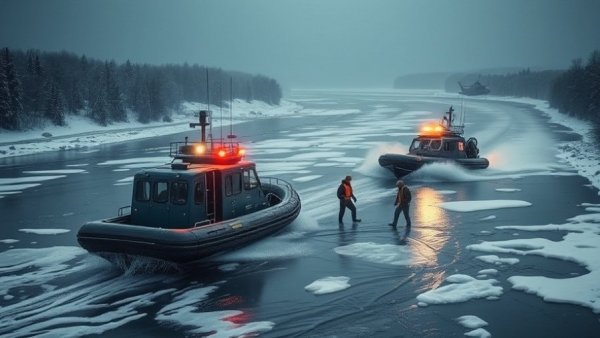 Rescue of duck hunters on frozen river with airboat approach