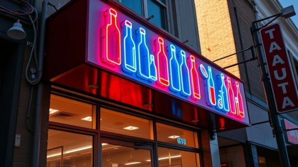 The Station liquor license sign with vibrant bottles on storefront.
