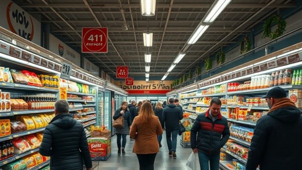 Grocery restocking for winter storm, busy store interior.