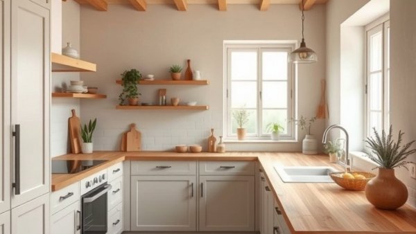 Warm minimalist kitchen featuring natural wood and soft lighting for healthier home living.