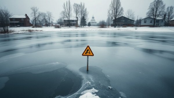 Icy pond caution sign highlights dangers of icy ponds in winter landscape.