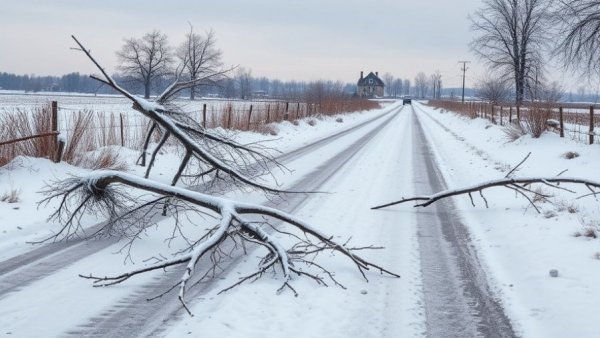 Benton County winter storm power outage: snow-covered road and trees
