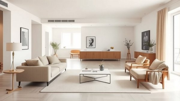 Minimalist living room with Básica Table Lamp on side table, neutral decor.