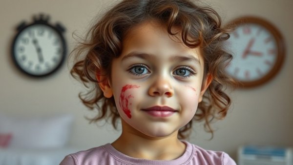 Curly-haired girl with injury, highlighting home safety.