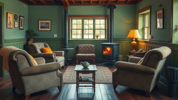 Dorp Hotel in Cape Town stylish seating area with armchairs and stove.