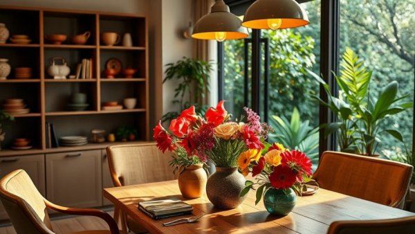 2026 Home Design Trends: Cozy dining area with flowers, earthy decor.