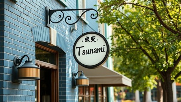 Exterior of Tsunami restaurant highlighting its sign and awning.