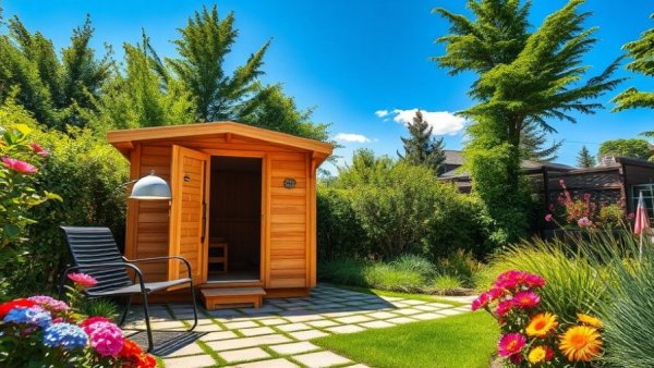 Modern backyard sauna highlighted by vibrant garden.