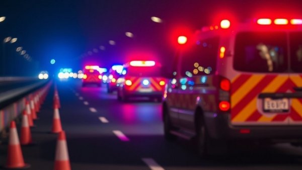 Emergency vehicles with flashing lights on I-240 at night.