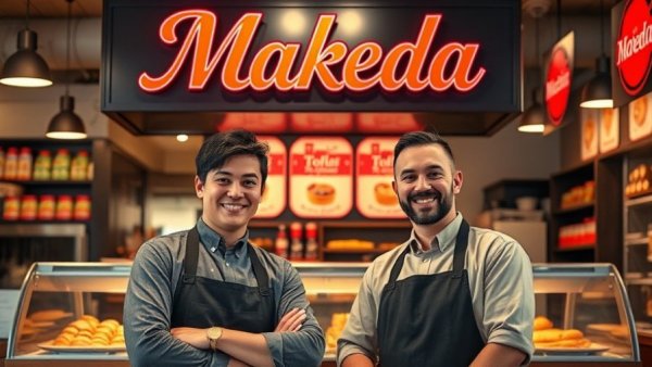 Makeda's expands to Atlanta: Bakery owners in front of sign.