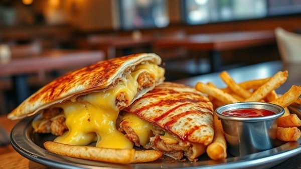 Jerk chicken quesadilla served with fries and salsa.