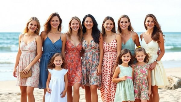Family collage with women and children smiling outdoors.