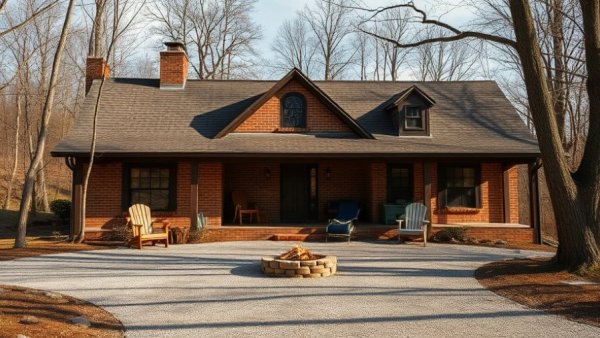 Charming rustic art-filled Devon home with gravel yard and bare trees.