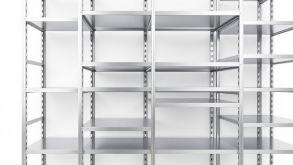 Sleek modular aluminum shelving against a bright backdrop.