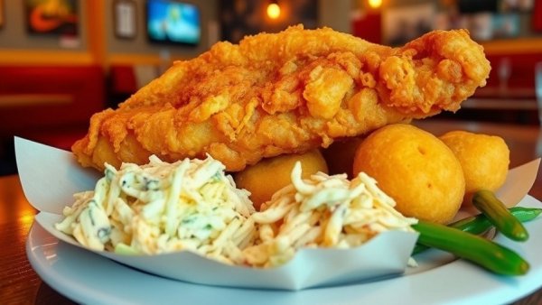 Seafood options for Lent: fried fish and sides on a paper plate.