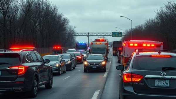 Highway traffic scene with emergency vehicles on I-240, focusing on pedestrian safety.