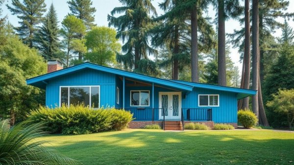 Mid-century modern blue home surrounded by trees and greenery.