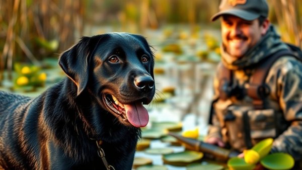 Black Labrador Retriever with hunter in wetlands.