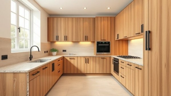 Modern kitchen with light beige stone tiles and wooden cabinets.