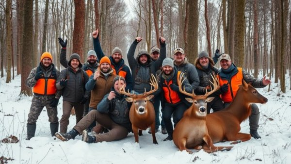 Group mastering deer drives, posing in snowy forest