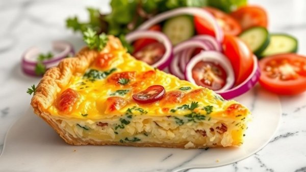 Quiche Lorraine with salad on marble counter, fresh and appetizing.