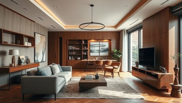Bauhaus-inspired apartment design with rich wooden decor and modern style.