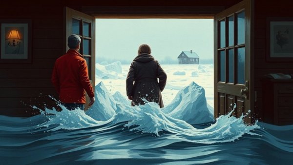 Dramatic illustration of homeowners facing flood preparedness, rushing water.