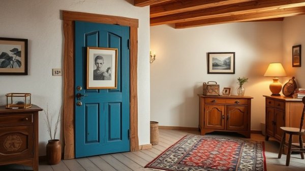 Rustic interior with vintage blue door and spring home decor.